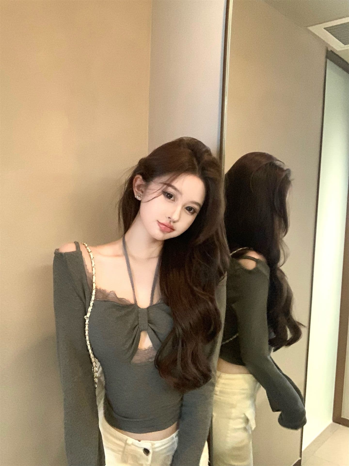 달콤한 욕망 교사 레이스 조각 벨트 가슴 패드 행침 목 티셔츠 비틀림 기본 셔츠 상세 이미지 6