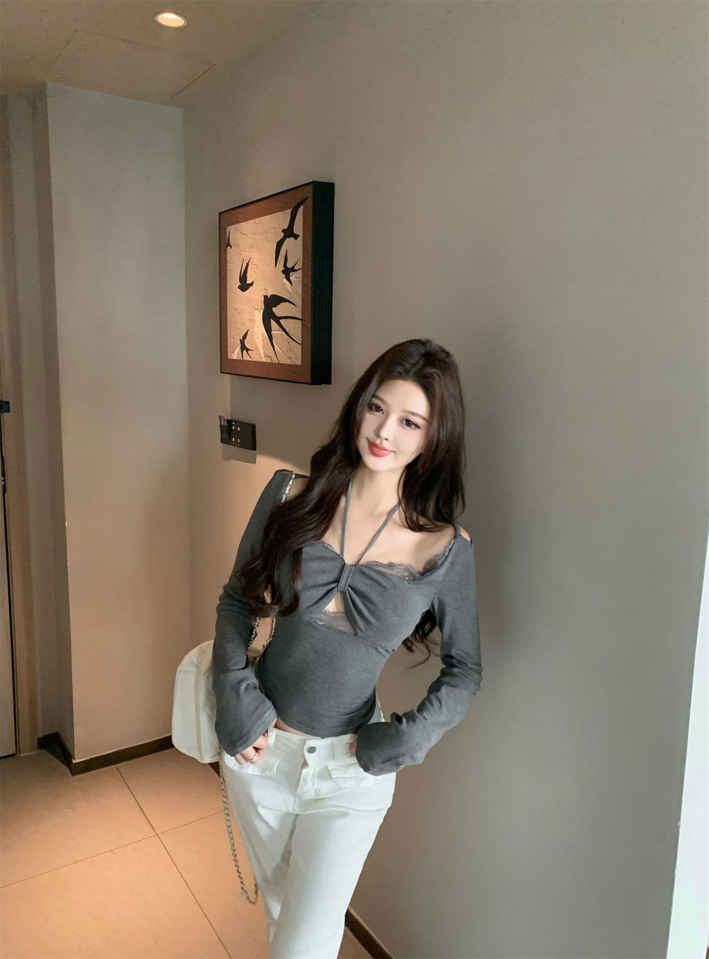 달콤한 욕망 교사 레이스 조각 벨트 가슴 패드 행침 목 티셔츠 비틀림 기본 셔츠 상세 이미지 7