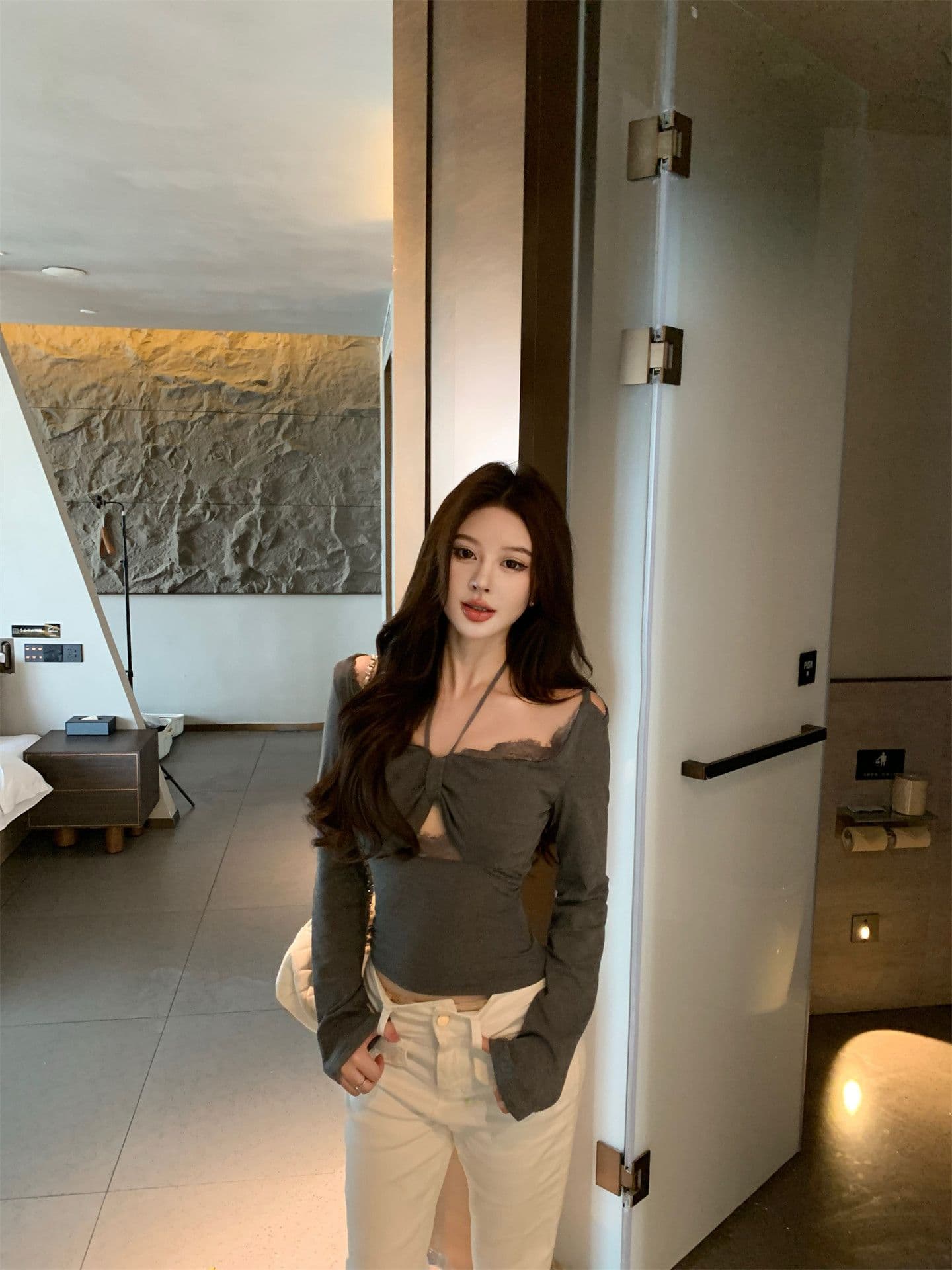 달콤한 욕망 교사 레이스 조각 벨트 가슴 패드 행침 목 티셔츠 비틀림 기본 셔츠 상세 이미지 10