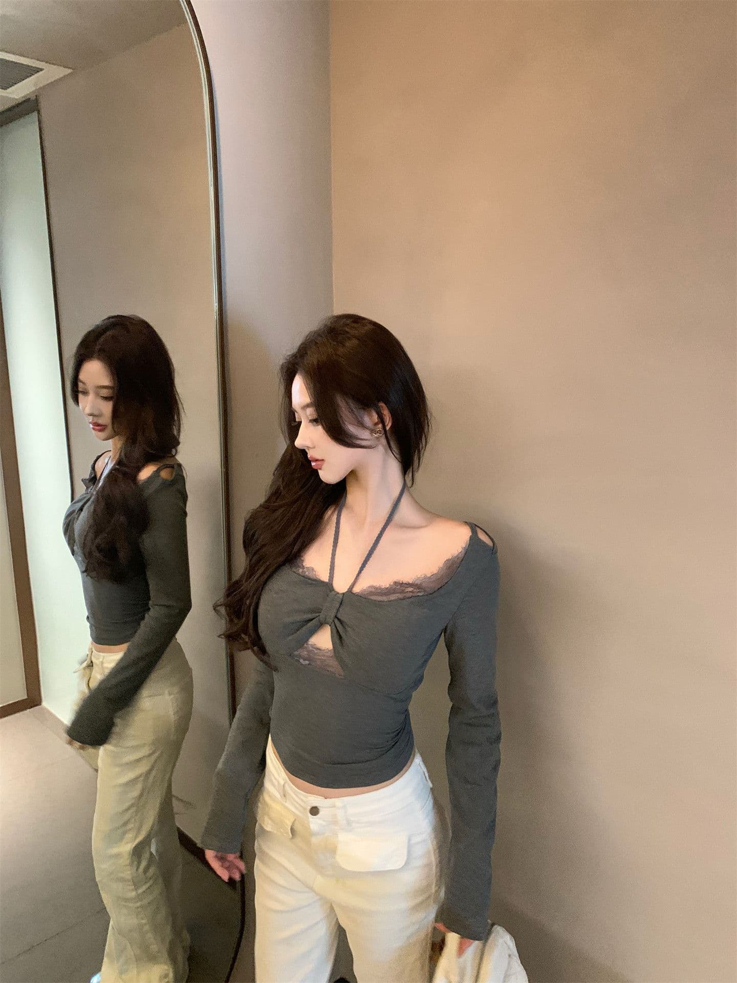 달콤한 욕망 교사 레이스 조각 벨트 가슴 패드 행침 목 티셔츠 비틀림 기본 셔츠 상세 이미지 11