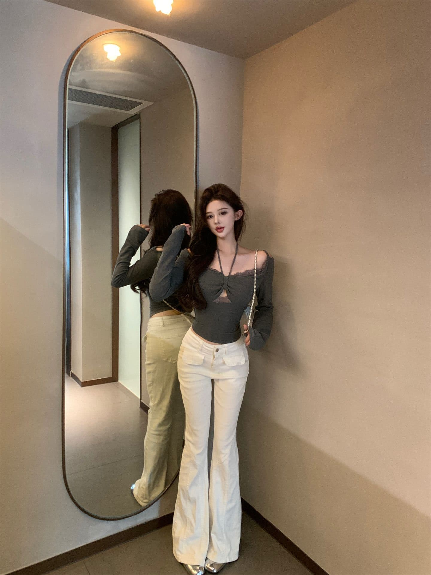 달콤한 욕망 교사 레이스 조각 벨트 가슴 패드 행침 목 티셔츠 비틀림 기본 셔츠 상세 이미지 12