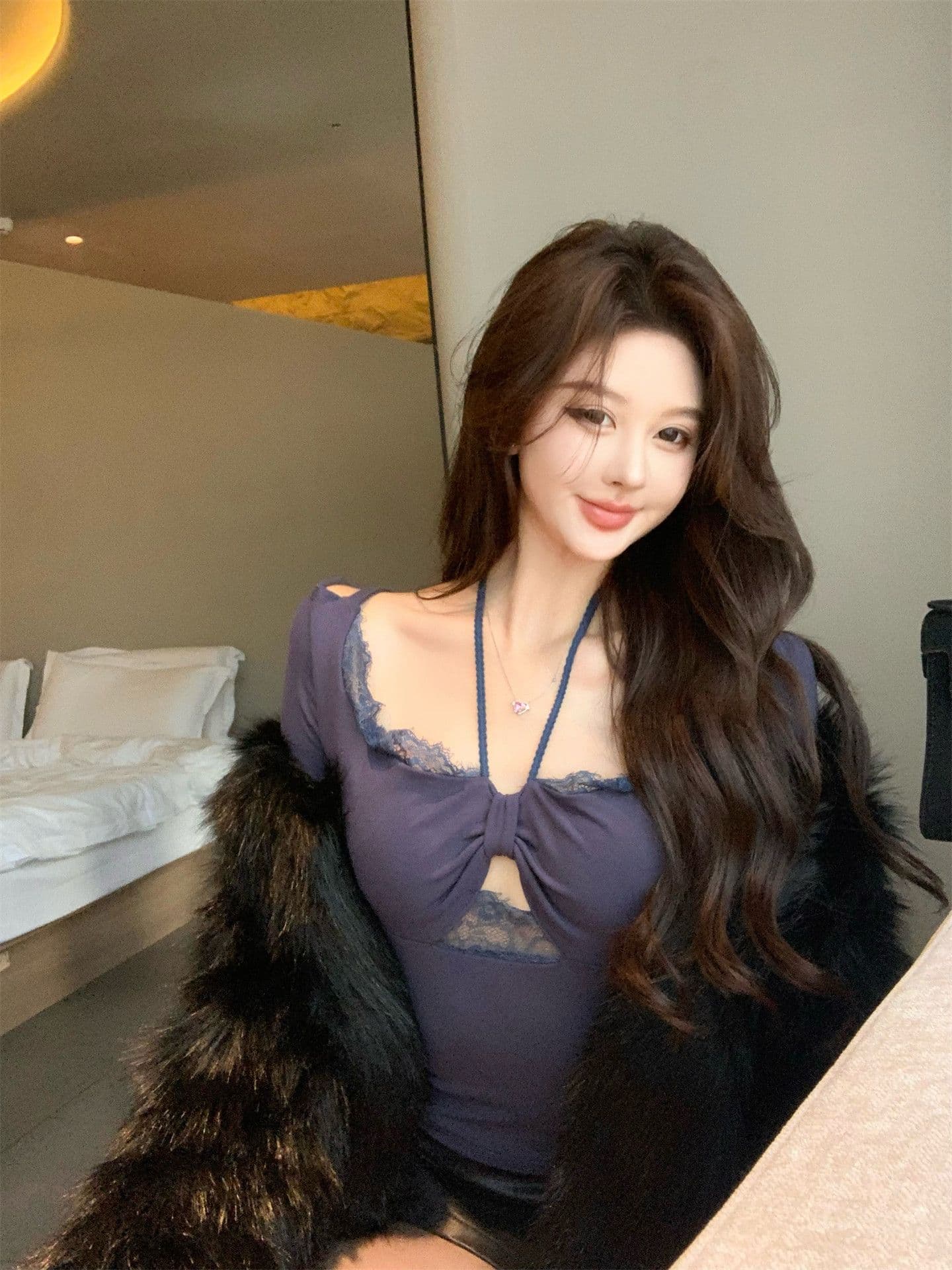 달콤한 욕망 교사 레이스 조각 벨트 가슴 패드 행침 목 티셔츠 비틀림 기본 셔츠 상세 이미지 17