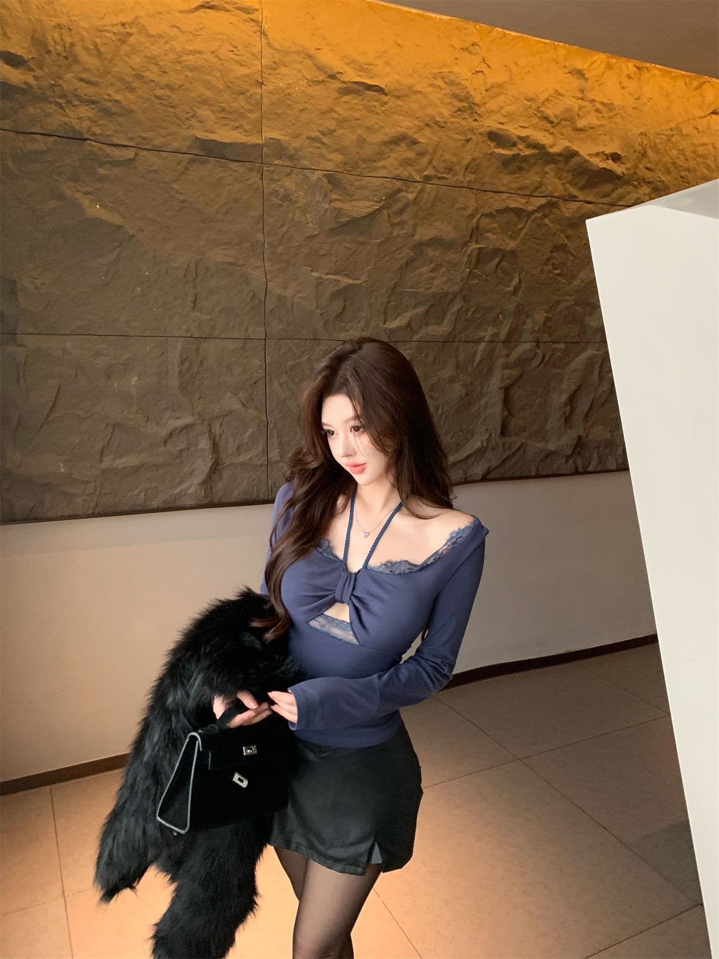 달콤한 욕망 교사 레이스 조각 벨트 가슴 패드 행침 목 티셔츠 비틀림 기본 셔츠 상세 이미지 18