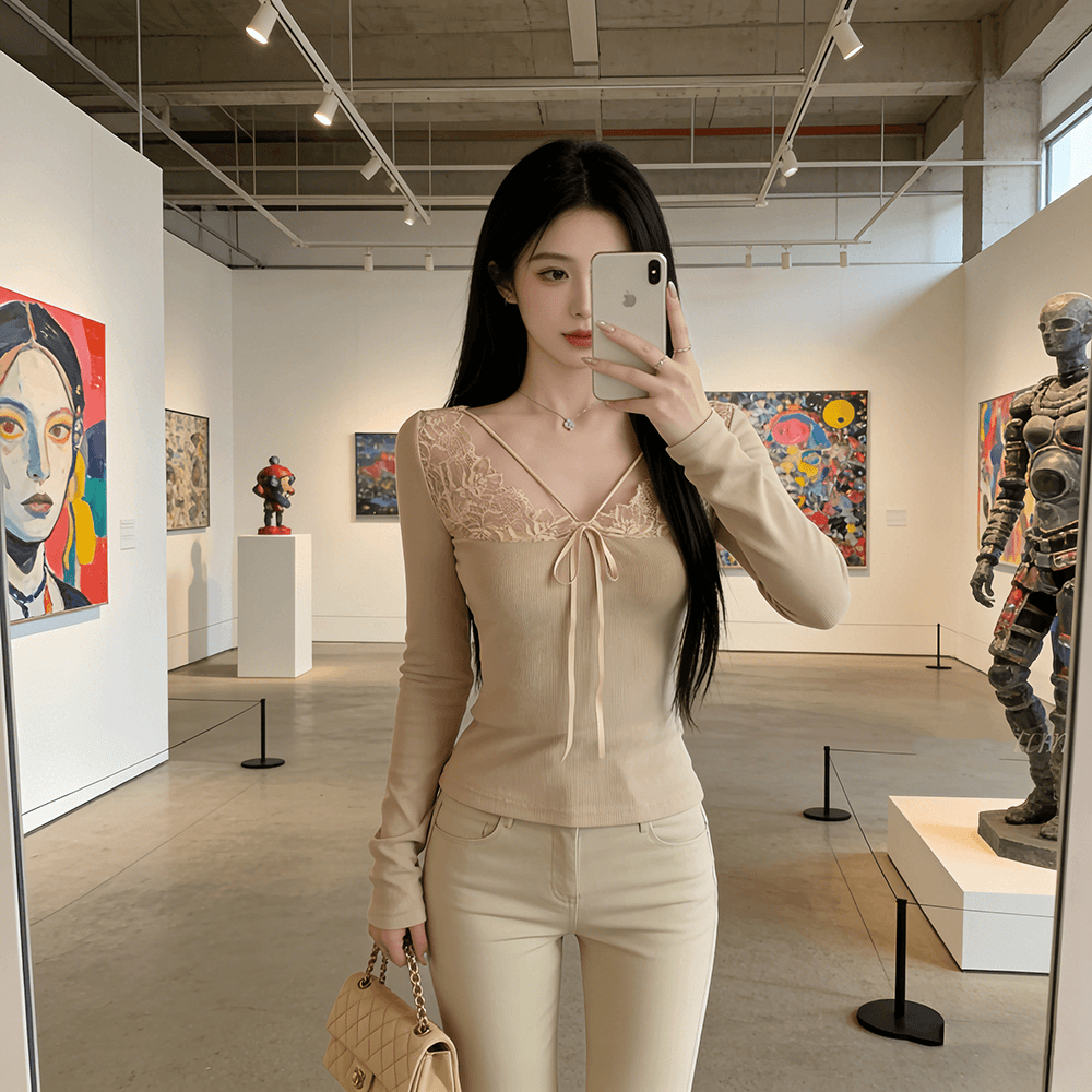 kumikumi 순수한 욕망 바람 레이스 조각 섹시함 살구 색상 긴팔 티셔츠 여성 겨울 몸매 가꾸기 슬림해 보이는 다용도 맨위