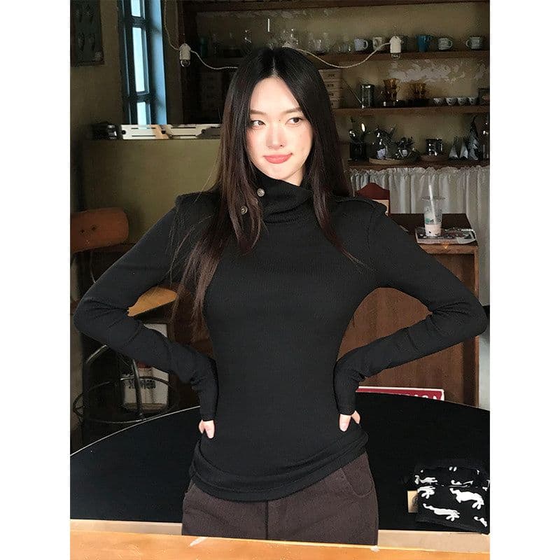 프랑스 리브 검정색 터틀넥 긴팔 니트 스웨터 여성 겨울 긍정적 인 어깨 인사이드 가져 가라. 기본 셔츠 슬림해 보이는 맨위 트렌디 상세 이미지 6