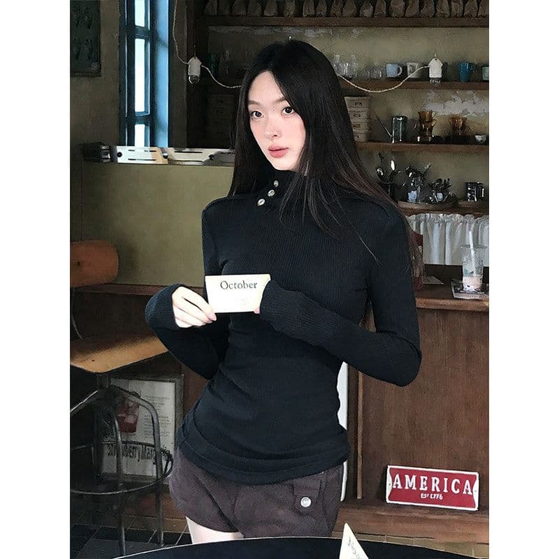 프랑스 리브 검정색 터틀넥 긴팔 니트 스웨터 여성 겨울 긍정적 인 어깨 인사이드 가져 가라. 기본 셔츠 슬림해 보이는 맨위 트렌디 상세 이미지 8