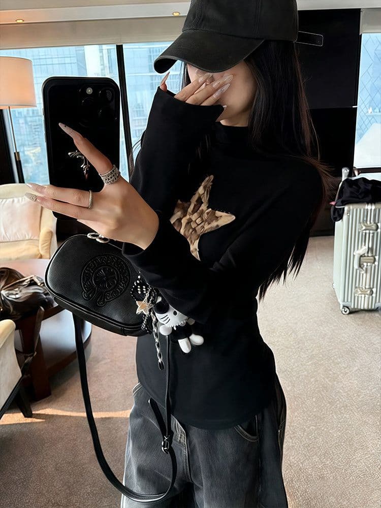 아메리칸 레트로 레오파드 무늬 오각형 별 긴팔 티셔츠 여성 봄 핫걸 바람 인사이드 가져 가라. 기본 셔츠 몸매 가꾸기 슬림해 보이는 맨위 이미지 3