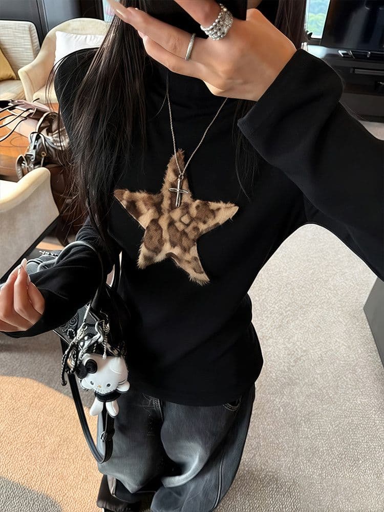 아메리칸 레트로 레오파드 무늬 오각형 별 긴팔 티셔츠 여성 봄 핫걸 바람 인사이드 가져 가라. 기본 셔츠 몸매 가꾸기 슬림해 보이는 맨위 상세 이미지 4