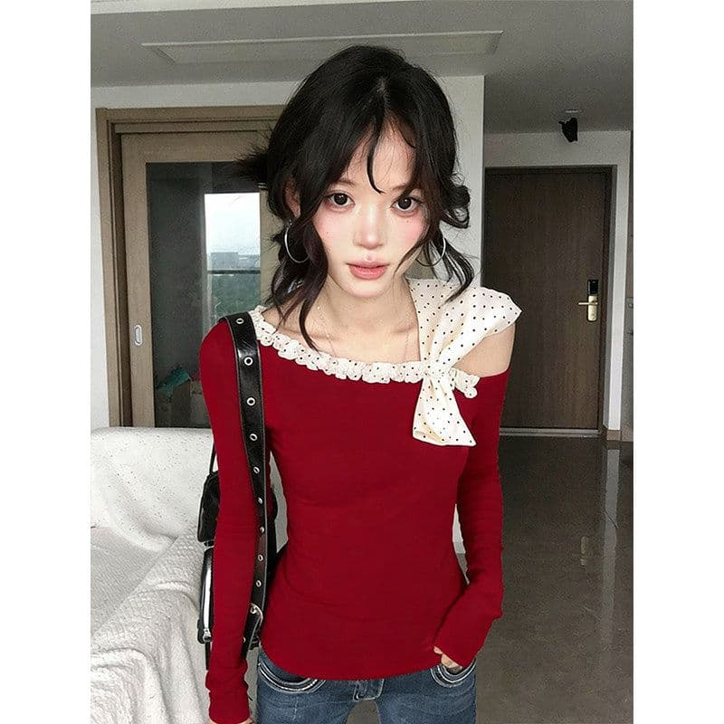 사람들 면 270 그램 빨간색 도트 무늬 나비 매듭 비스듬한 어깨 긴팔 티셔츠 여성 가을 오프숄더 기본 셔츠 핫걸 맨위 이미지 2