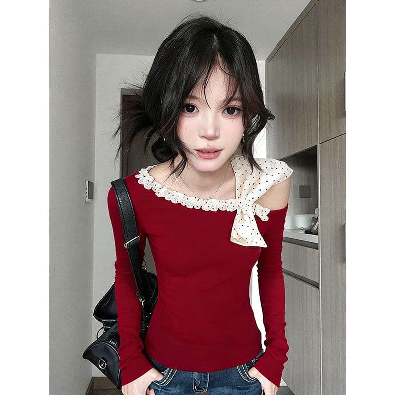 사람들 면 270 그램 빨간색 도트 무늬 나비 매듭 비스듬한 어깨 긴팔 티셔츠 여성 가을 오프숄더 기본 셔츠 핫걸 맨위 이미지 5