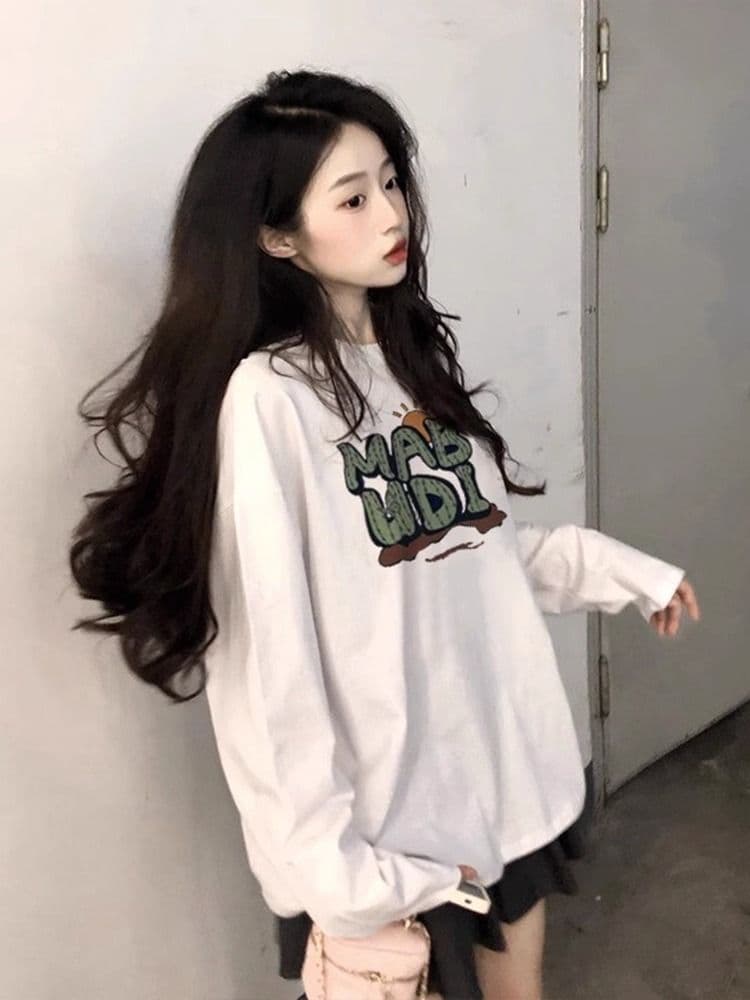 가을 순면 긴팔 티셔츠 여성 2026 한국 스타일 새로운 디자인 센스 프린트 다용도 기본 셔츠 맨위 이미지 2