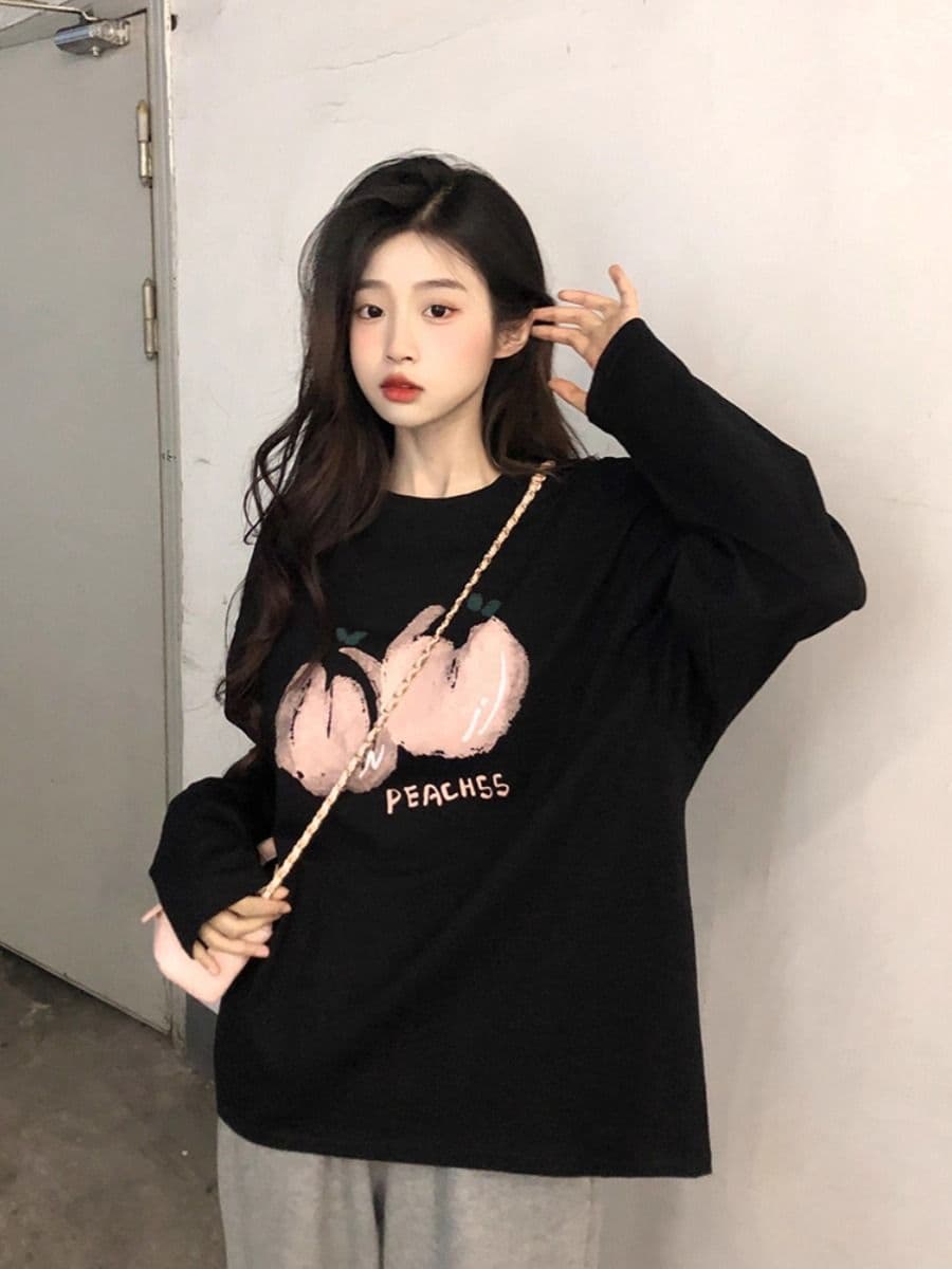 경관 그림 21 순면 210 그램 면 2026 한국 스타일 가을 의상 긴팔 티셔츠 여성 루즈핏 맨위 프린트