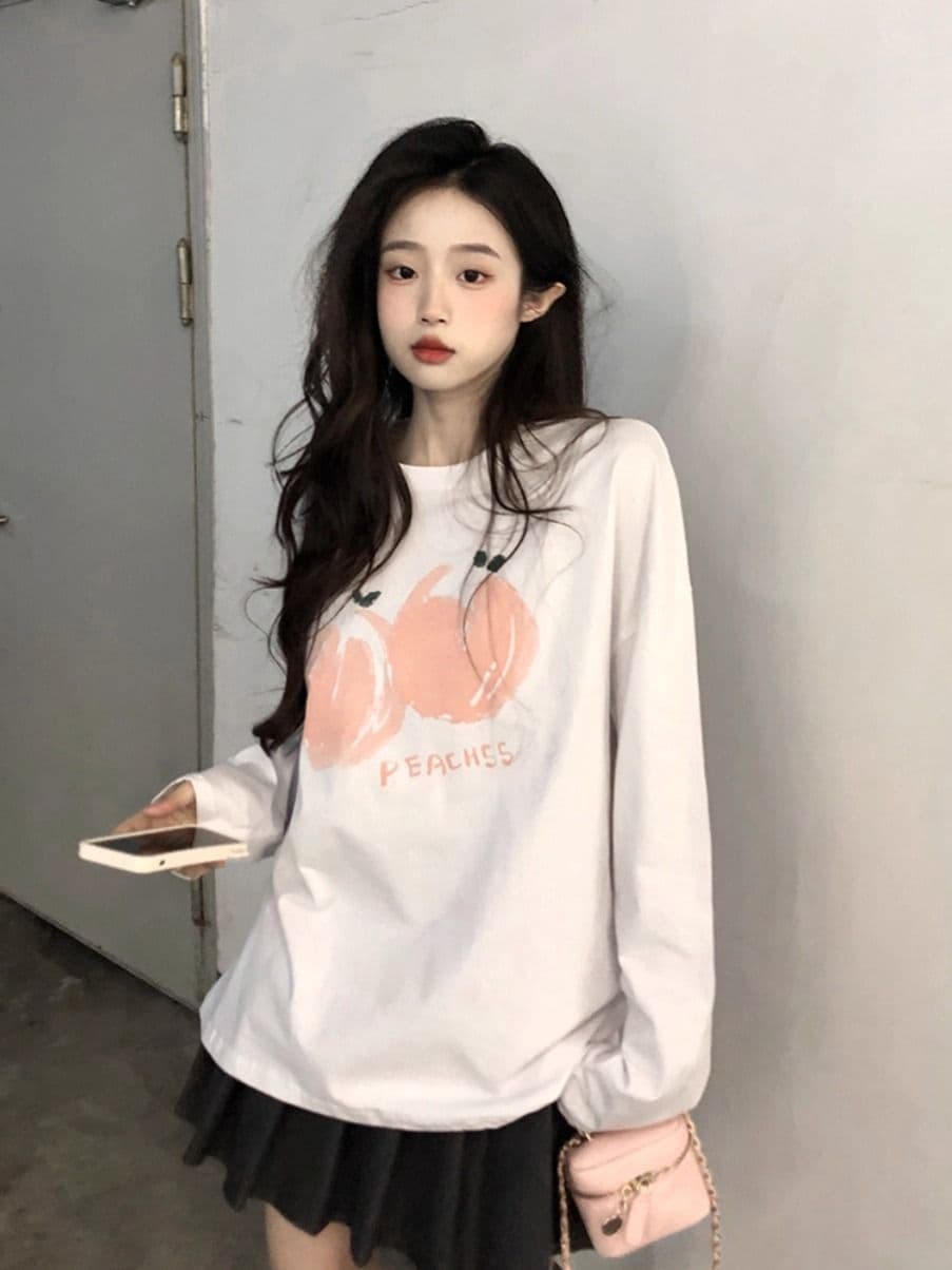 경관 그림 21 순면 210 그램 면 2026 한국 스타일 가을 의상 긴팔 티셔츠 여성 루즈핏 맨위 프린트 상세 이미지 5