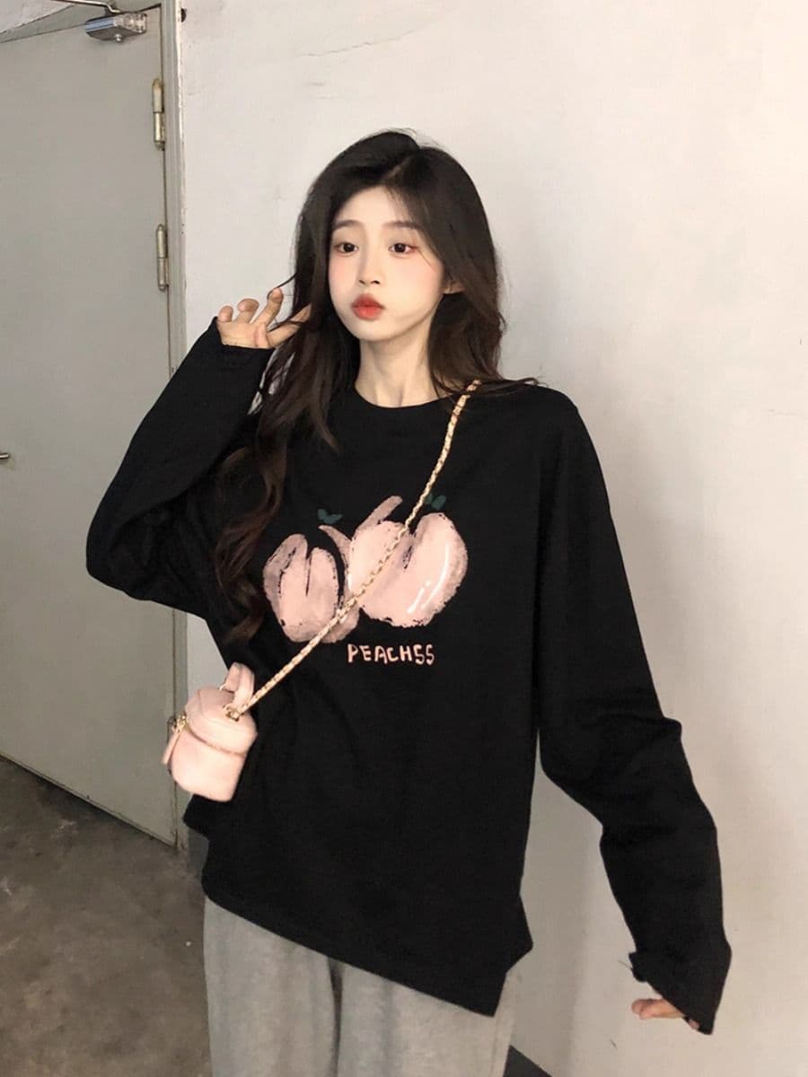 경관 그림 21 순면 210 그램 면 2026 한국 스타일 가을 의상 긴팔 티셔츠 여성 루즈핏 맨위 프린트 상세 이미지 7