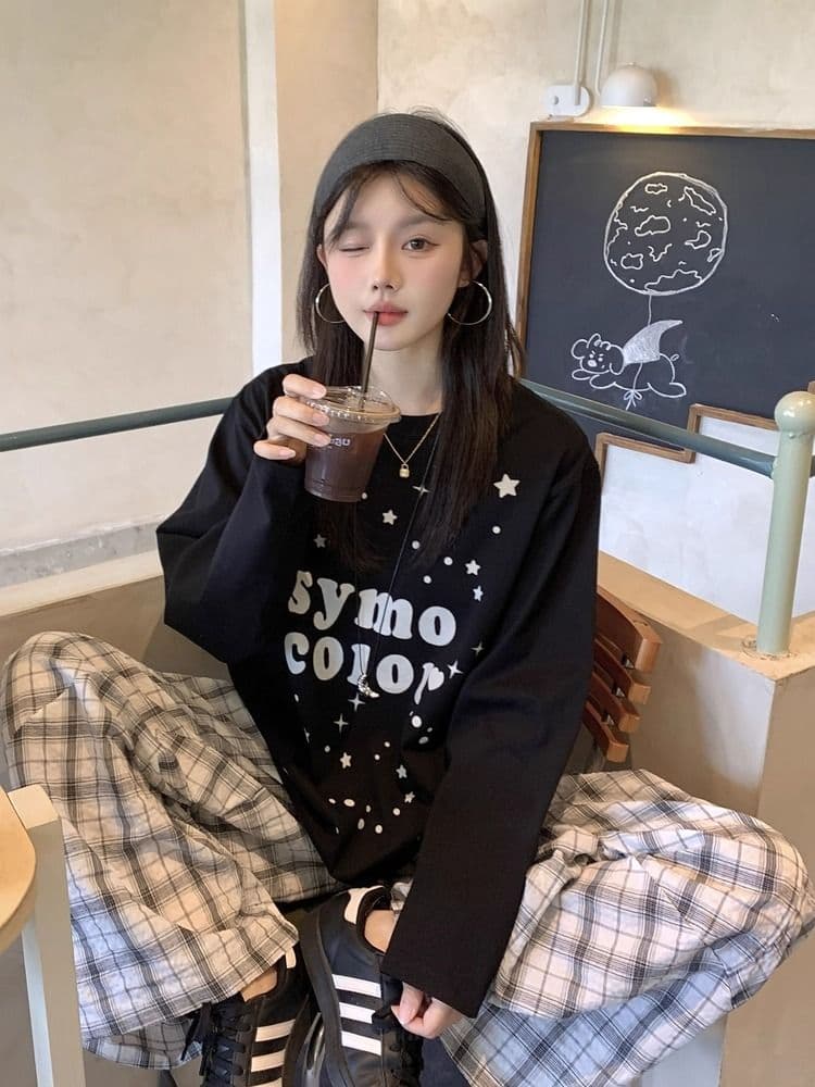 경관 그림 21 순면 210 그램 면 2026 한국 스타일 가을 의상 긴팔 티셔츠 여성 루즈핏 맨위 프린트 이미지 3