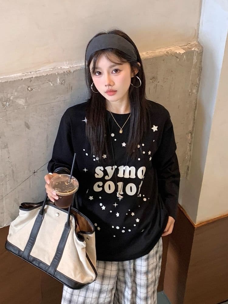경관 그림 21 순면 210 그램 면 2026 한국 스타일 가을 의상 긴팔 티셔츠 여성 루즈핏 맨위 프린트 상세 이미지 6