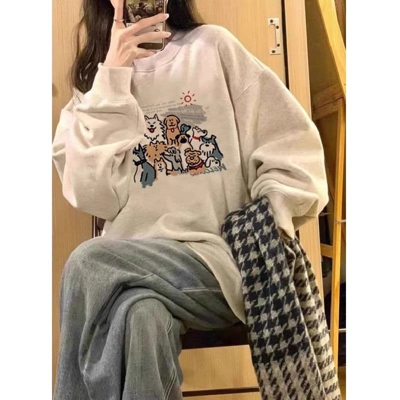 경관 그림 모방 Mianhua 면 복합 얇은 스타일 310g 털이 있는 400g 라운드 넥 후드티 여성 가을 겨울 국경 간 조수 브랜드 맨위 상세 이미지 3