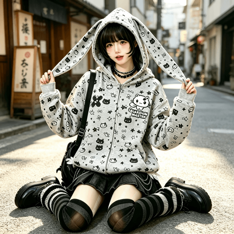 달콤한 자매 바람 토끼 귀 지퍼 후드티 여성 코트 루즈핏 oversize 후드 오픈 가디건 일상 캐주얼 긴팔 맨위 이미지 3