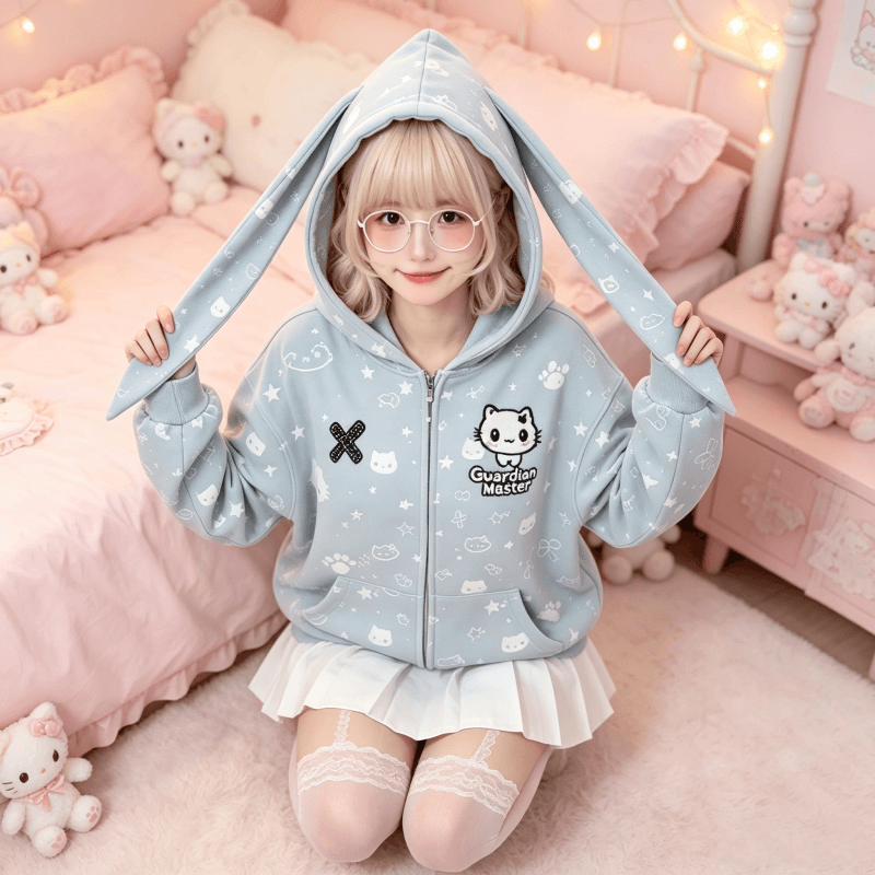 달콤한 자매 바람 토끼 귀 지퍼 후드티 여성 코트 루즈핏 oversize 후드 오픈 가디건 일상 캐주얼 긴팔 맨위 상세 이미지 2