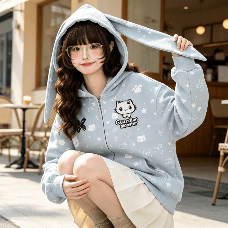 달콤한 자매 바람 토끼 귀 지퍼 후드티 여성 코트 루즈핏 oversize 후드 오픈 가디건 일상 캐주얼 긴팔 맨위 상세 이미지 6