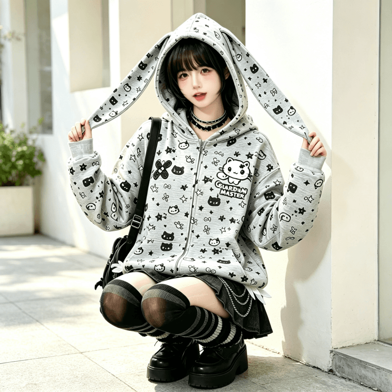 달콤한 자매 바람 토끼 귀 지퍼 후드티 여성 코트 루즈핏 oversize 후드 오픈 가디건 일상 캐주얼 긴팔 맨위 상세 이미지 12