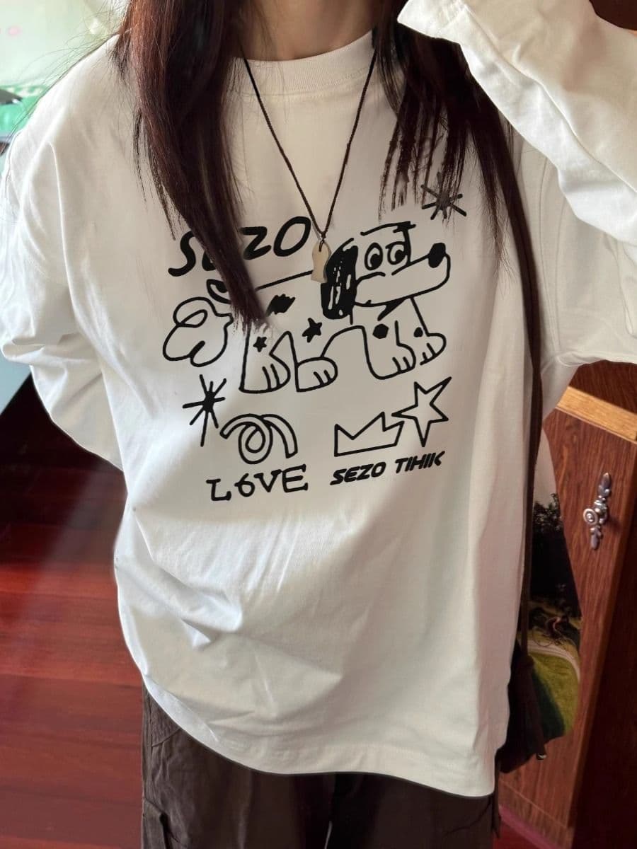경관 그림 21 순면 210 그램 면 2026 한국 스타일 가을 의상 긴팔 티셔츠 여성 루즈핏 맨위 프린트 상세 이미지 7