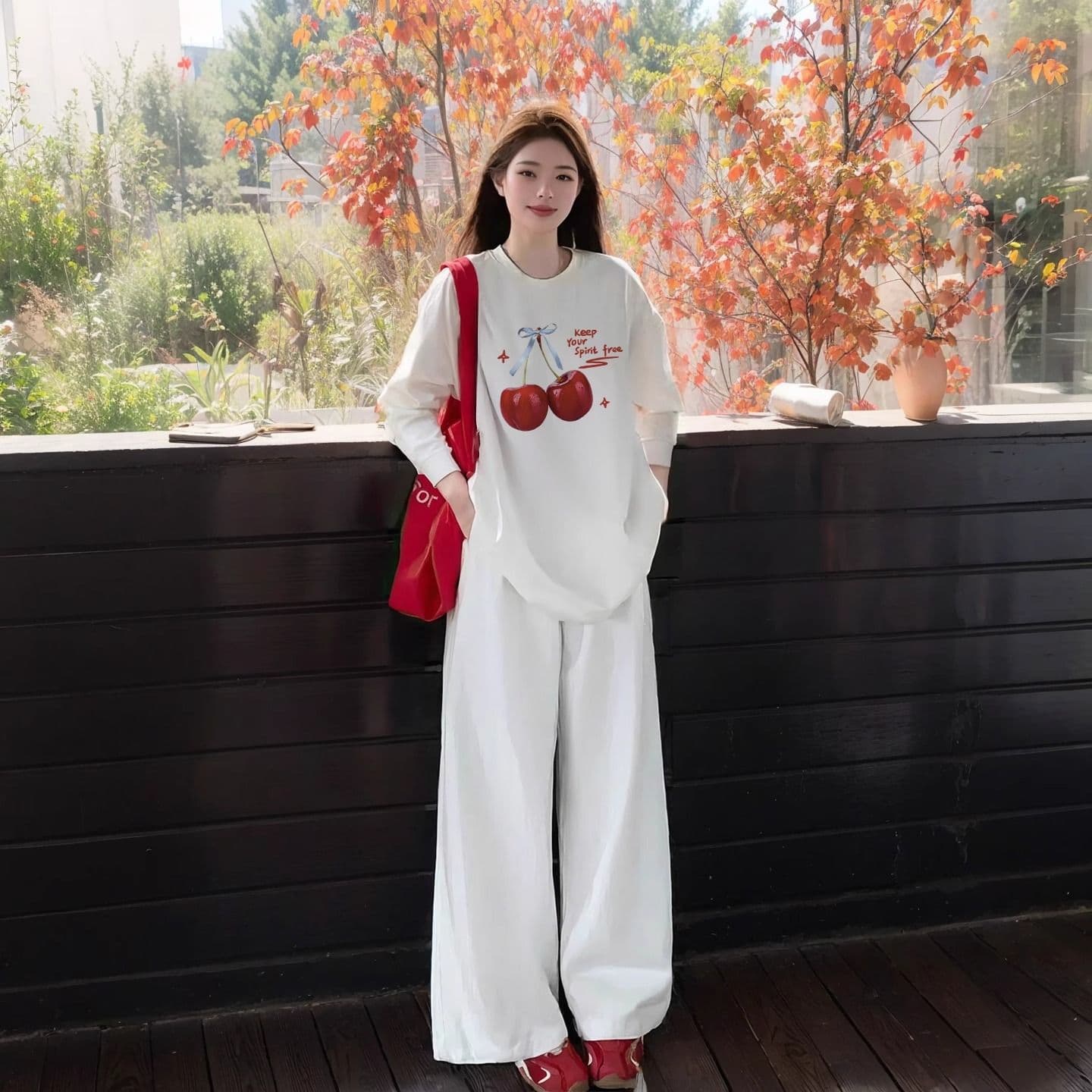경관 그림 21 순면 210 그램 면 2026 한국 스타일 가을 의상 긴팔 티셔츠 여성 루즈핏 맨위 프린트