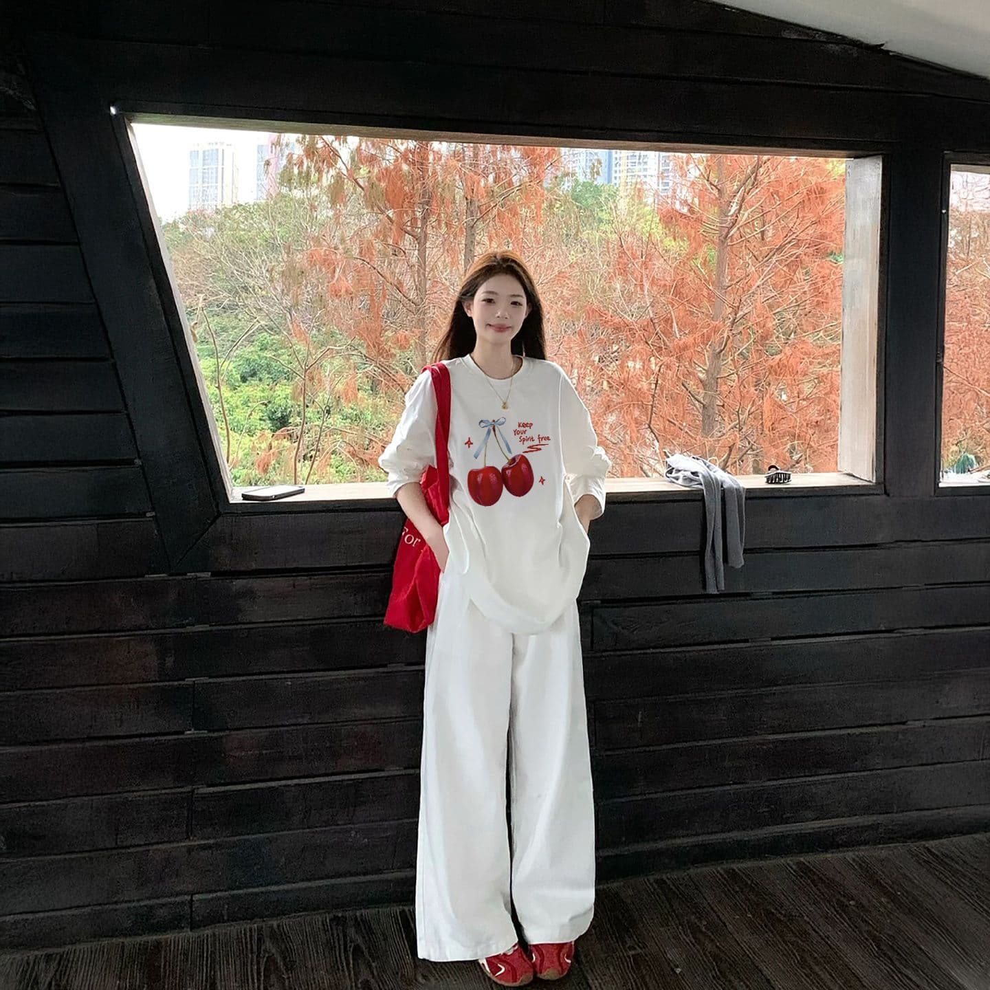 경관 그림 21 순면 210 그램 면 2026 한국 스타일 가을 의상 긴팔 티셔츠 여성 루즈핏 맨위 프린트 이미지 4
