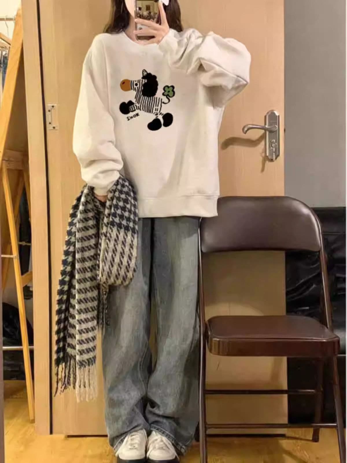 경관 그림 모방 Mianhua 면 복합 얇은 스타일 310g 털이 있는 400g 라운드 넥 후드티 여성 가을 겨울 국경 간 조수 브랜드 맨위 상세 이미지 3