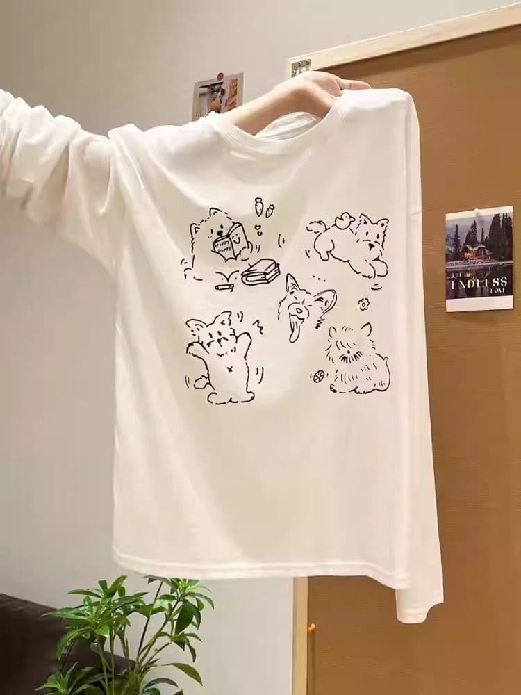 경관 그림 21 순면 210 그램 면 2026 한국 스타일 가을 의상 긴팔 티셔츠 여성 루즈핏 맨위 프린트 이미지 2