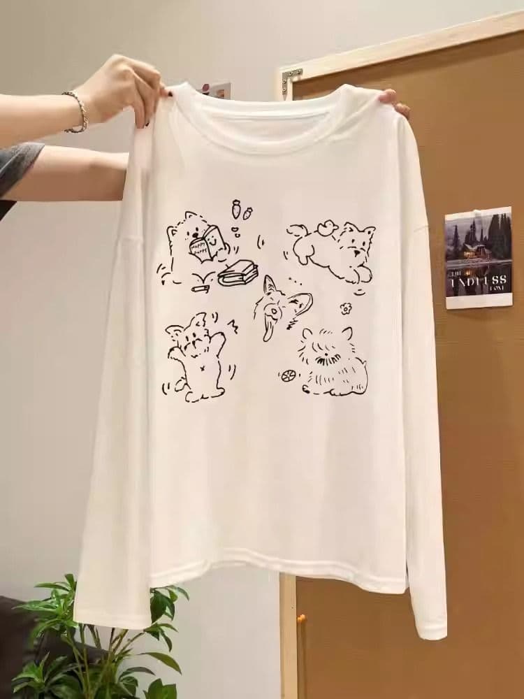경관 그림 21 순면 210 그램 면 2026 한국 스타일 가을 의상 긴팔 티셔츠 여성 루즈핏 맨위 프린트 상세 이미지 3