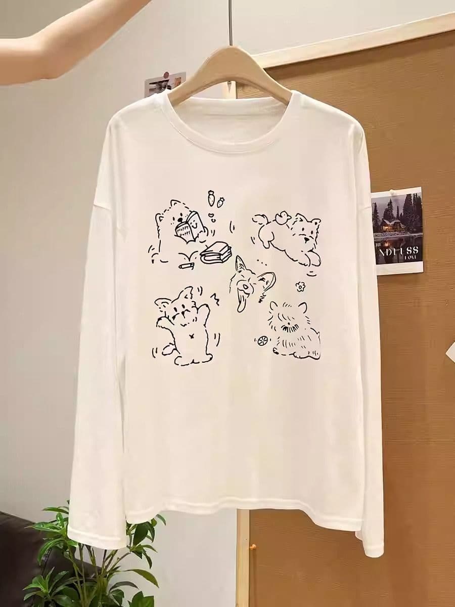 경관 그림 21 순면 210 그램 면 2026 한국 스타일 가을 의상 긴팔 티셔츠 여성 루즈핏 맨위 프린트 상세 이미지 6