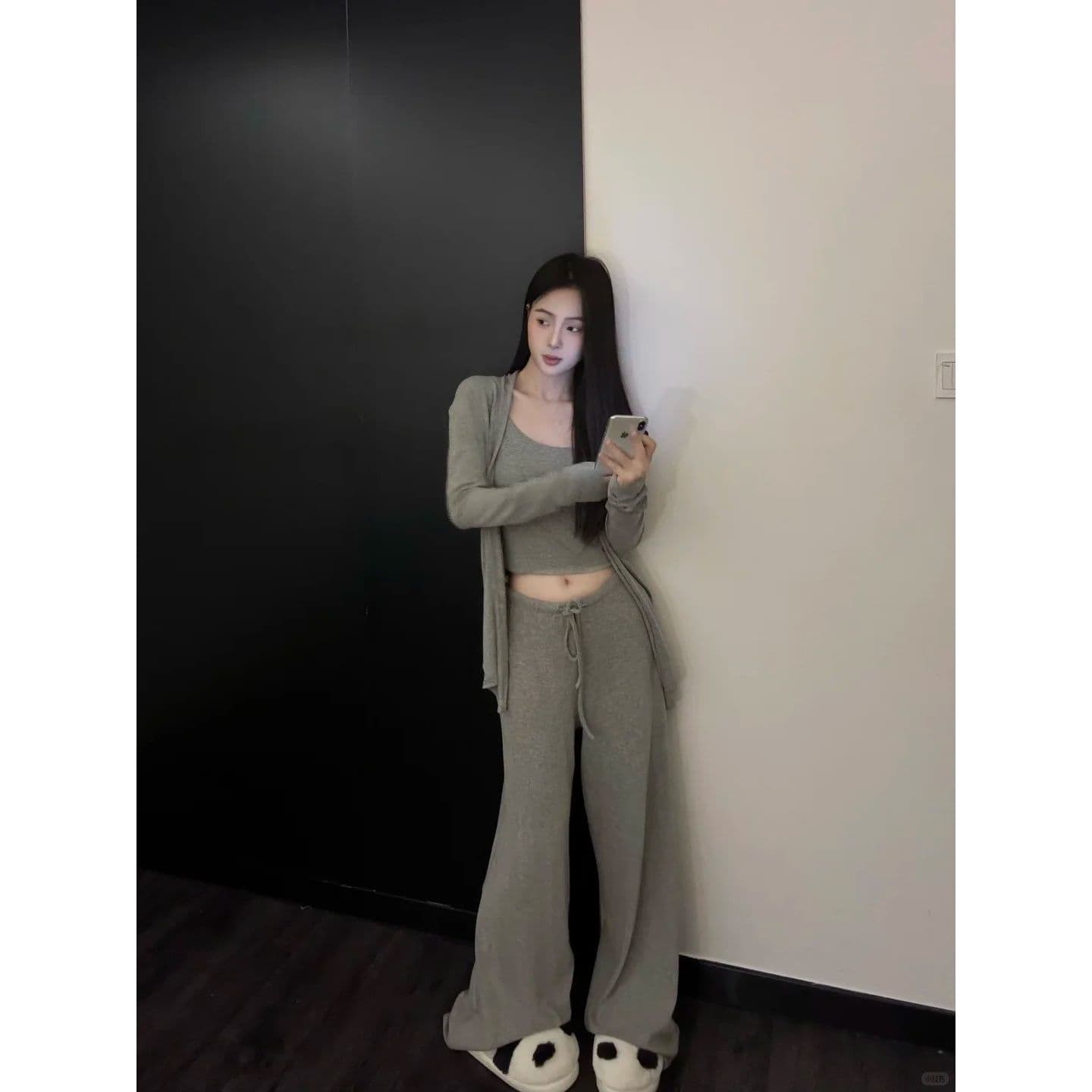 경관 그림 원본 원단 한국 스타일 순수한 욕망 와이드 레그 팬츠 세트 작은 대중 느긋한 오픈 가디건 캐미솔 3종 세트