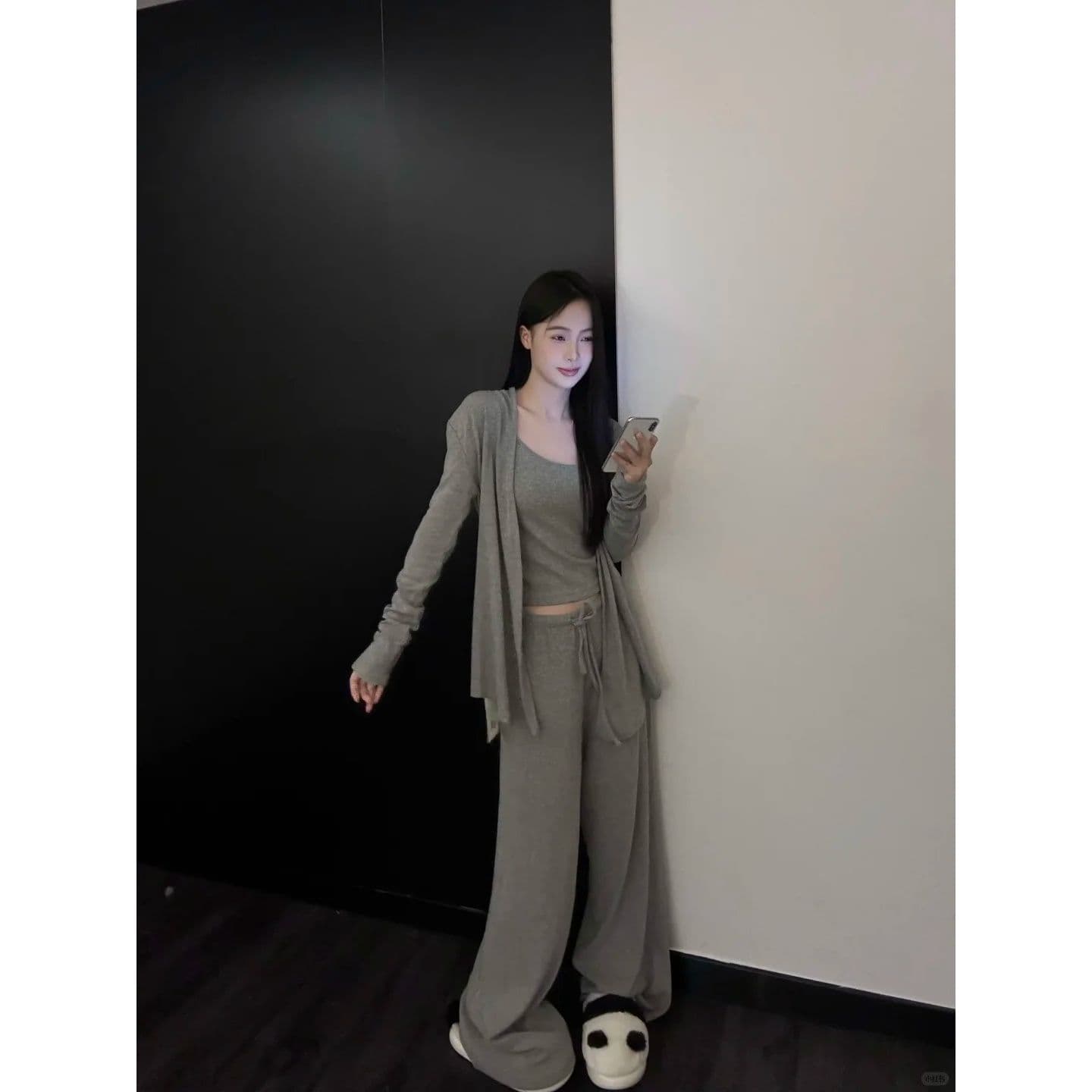 경관 그림 원본 원단 한국 스타일 순수한 욕망 와이드 레그 팬츠 세트 작은 대중 느긋한 오픈 가디건 캐미솔 3종 세트 상세 이미지 3