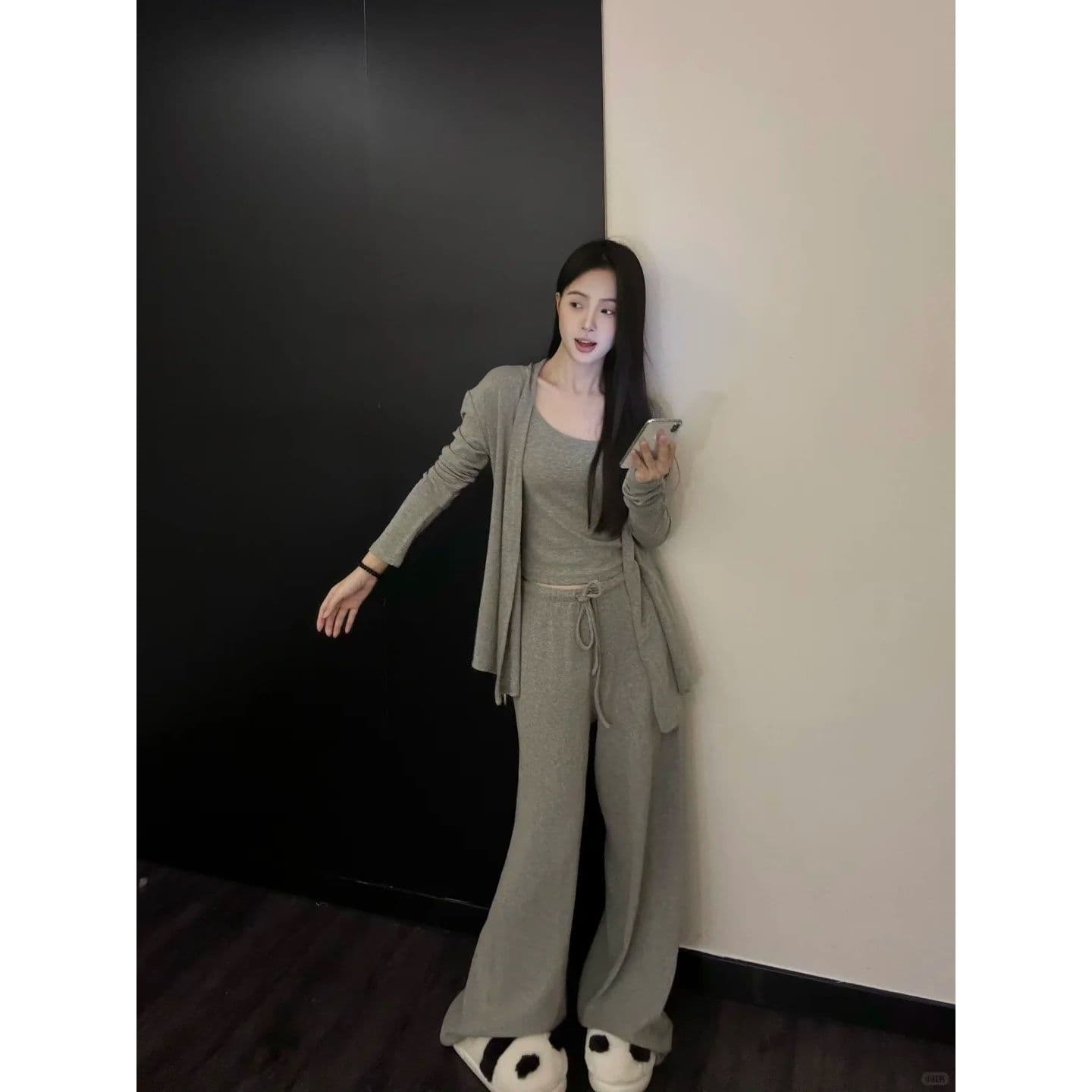 경관 그림 원본 원단 한국 스타일 순수한 욕망 와이드 레그 팬츠 세트 작은 대중 느긋한 오픈 가디건 캐미솔 3종 세트 상세 이미지 4