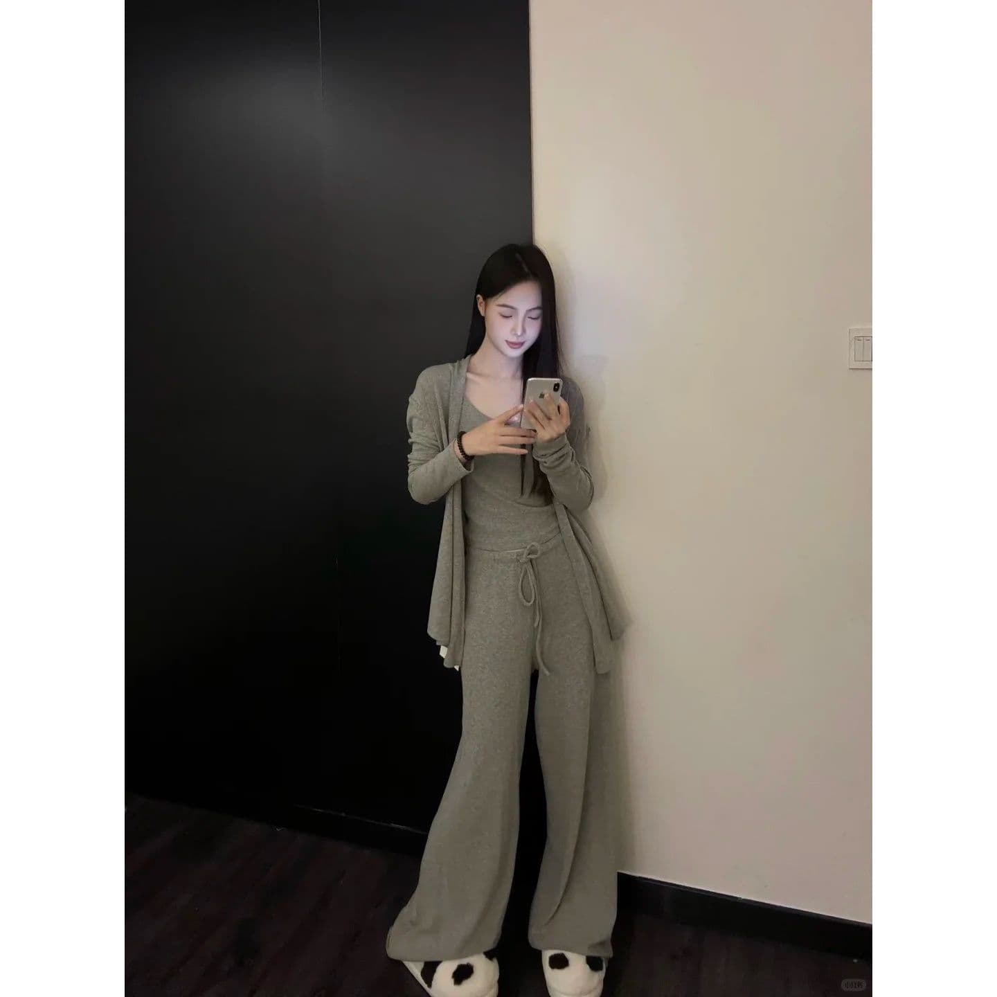 경관 그림 원본 원단 한국 스타일 순수한 욕망 와이드 레그 팬츠 세트 작은 대중 느긋한 오픈 가디건 캐미솔 3종 세트 상세 이미지 6
