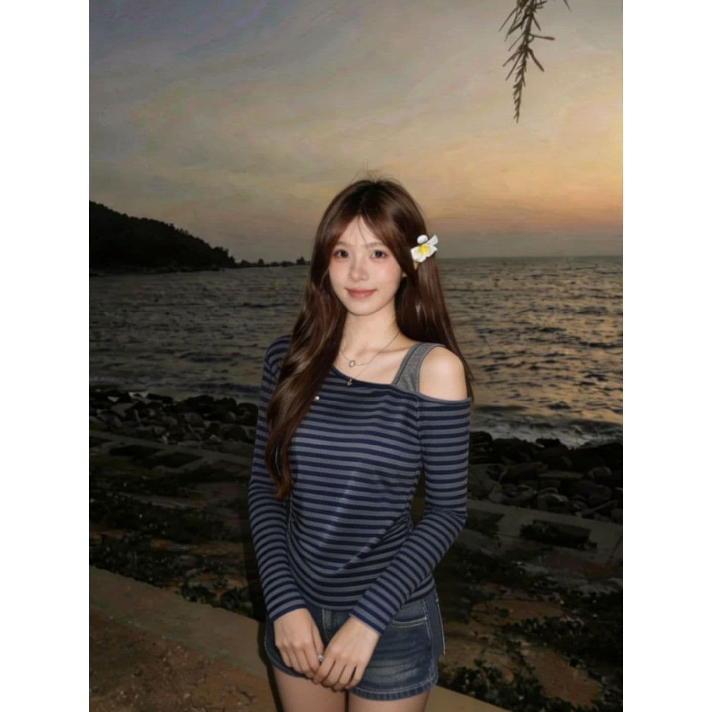 경관 그림 원본 컬러 짜임 기사 한국 스타일 가을 자이언트 잘 생긴 디자인 센스 비스듬한 어깨 핫걸 스트라이프 긴팔 티셔츠 여성 이미지 4