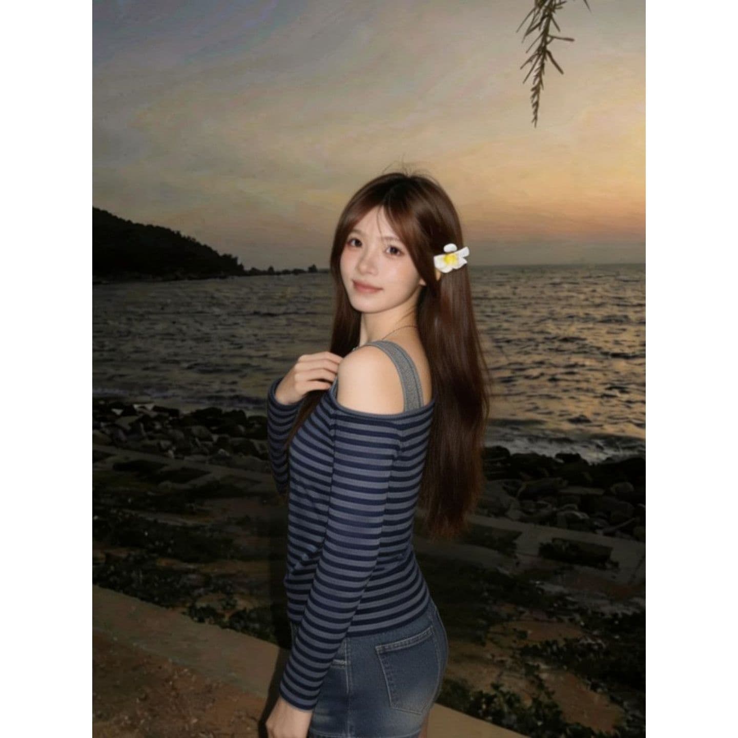 경관 그림 원본 컬러 짜임 기사 한국 스타일 가을 자이언트 잘 생긴 디자인 센스 비스듬한 어깨 핫걸 스트라이프 긴팔 티셔츠 여성 상세 이미지 5