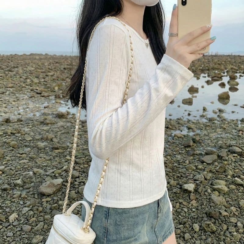 실사 원본 자카드 질감 센스 긍정적 인 어깨 긴팔 티셔츠 맨위 여성 의류 자수 기본 셔츠 봄 가을 겨울 상세 이미지 8