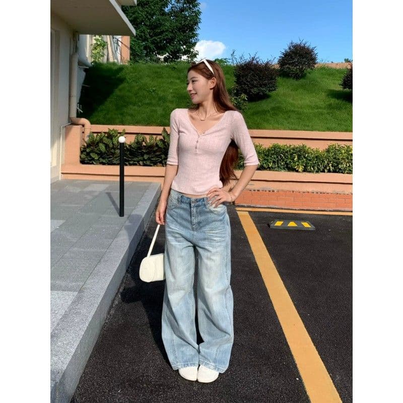 밀라노 대나무 마디 핑크색 V넥 중간 소매 티셔츠 여성 이른 가을 새로운 디자인 센스 몸매 가꾸기 쇼트 스타일 반팔 작은 맨위 이미지 4