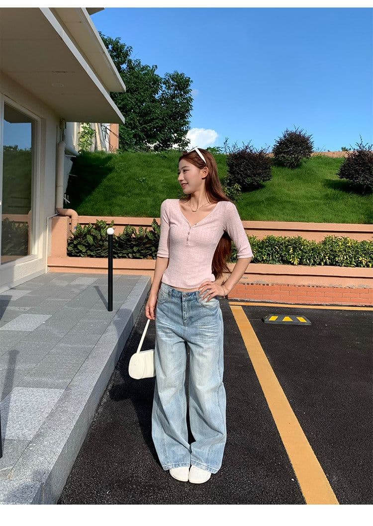 밀라노 대나무 마디 핑크색 V넥 중간 소매 티셔츠 여성 이른 가을 새로운 디자인 센스 몸매 가꾸기 쇼트 스타일 반팔 작은 맨위 상세 이미지 2