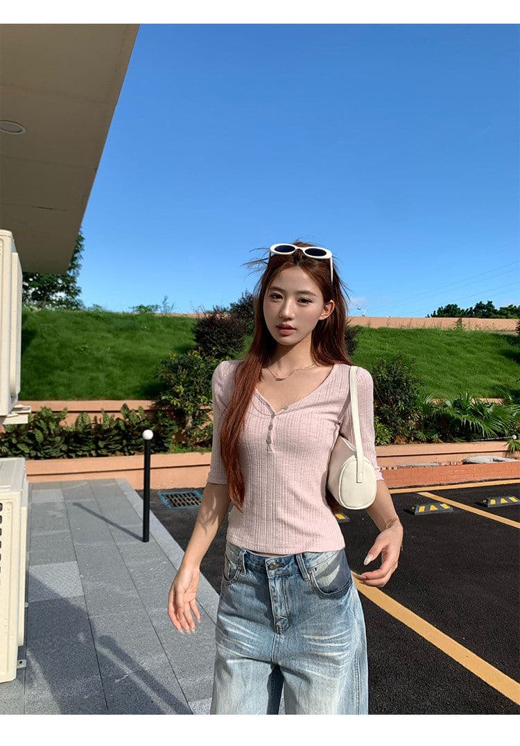 밀라노 대나무 마디 핑크색 V넥 중간 소매 티셔츠 여성 이른 가을 새로운 디자인 센스 몸매 가꾸기 쇼트 스타일 반팔 작은 맨위 상세 이미지 6
