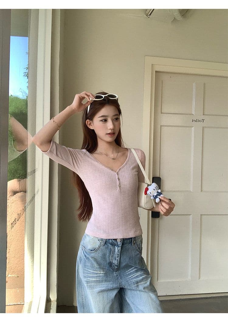 밀라노 대나무 마디 핑크색 V넥 중간 소매 티셔츠 여성 이른 가을 새로운 디자인 센스 몸매 가꾸기 쇼트 스타일 반팔 작은 맨위 상세 이미지 8