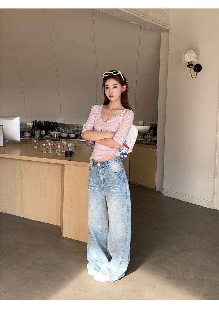 밀라노 대나무 마디 핑크색 V넥 중간 소매 티셔츠 여성 이른 가을 새로운 디자인 센스 몸매 가꾸기 쇼트 스타일 반팔 작은 맨위 상세 이미지 9