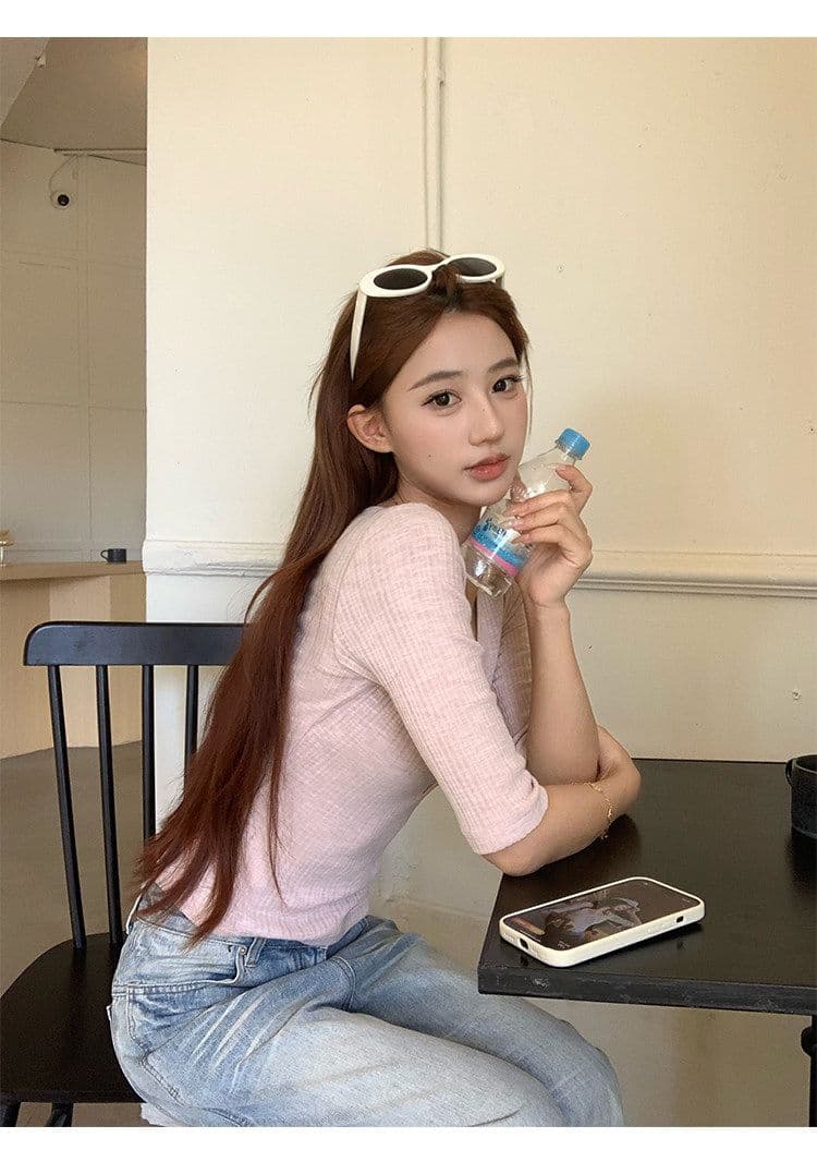 밀라노 대나무 마디 핑크색 V넥 중간 소매 티셔츠 여성 이른 가을 새로운 디자인 센스 몸매 가꾸기 쇼트 스타일 반팔 작은 맨위 상세 이미지 12