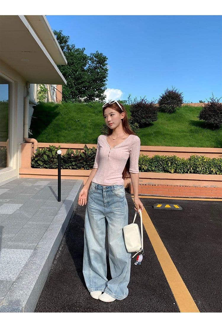 밀라노 대나무 마디 핑크색 V넥 중간 소매 티셔츠 여성 이른 가을 새로운 디자인 센스 몸매 가꾸기 쇼트 스타일 반팔 작은 맨위 상세 이미지 20