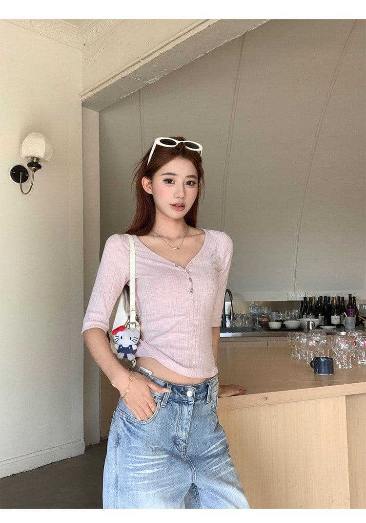 밀라노 대나무 마디 핑크색 V넥 중간 소매 티셔츠 여성 이른 가을 새로운 디자인 센스 몸매 가꾸기 쇼트 스타일 반팔 작은 맨위 상세 이미지 21