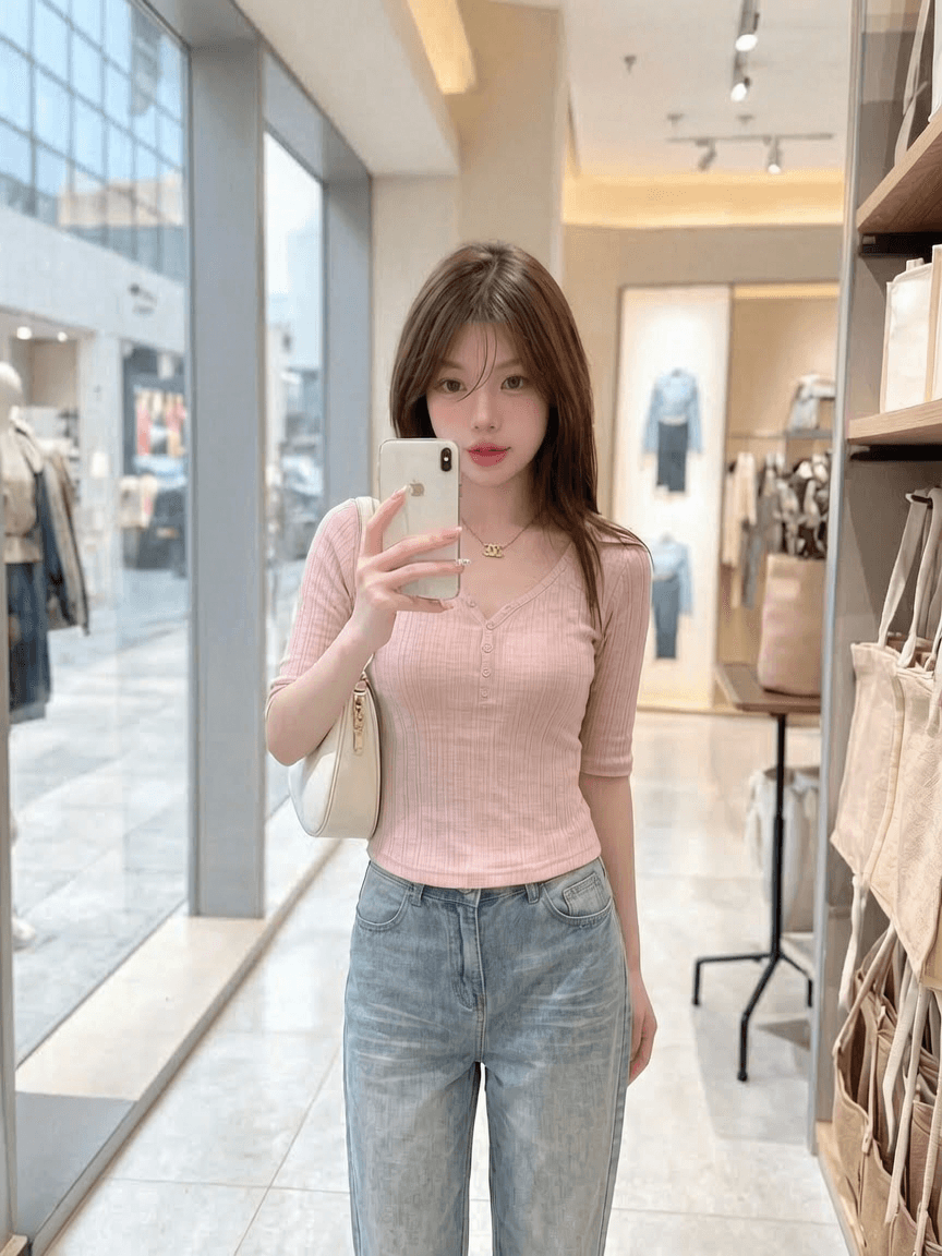 밀라노 대나무 마디 핑크색 V넥 중간 소매 티셔츠 여성 이른 가을 새로운 디자인 센스 몸매 가꾸기 쇼트 스타일 반팔 작은 맨위 상세 이미지 2