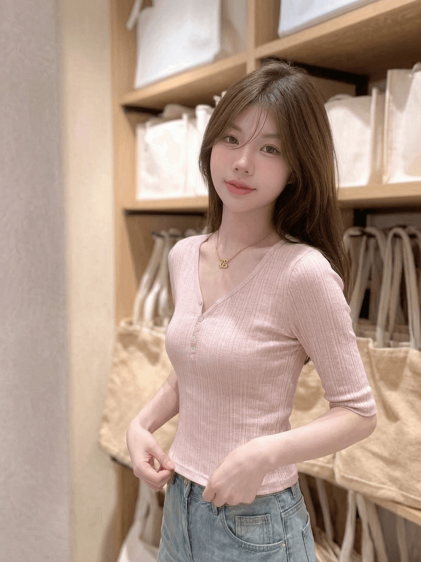 밀라노 대나무 마디 핑크색 V넥 중간 소매 티셔츠 여성 이른 가을 새로운 디자인 센스 몸매 가꾸기 쇼트 스타일 반팔 작은 맨위 상세 이미지 5