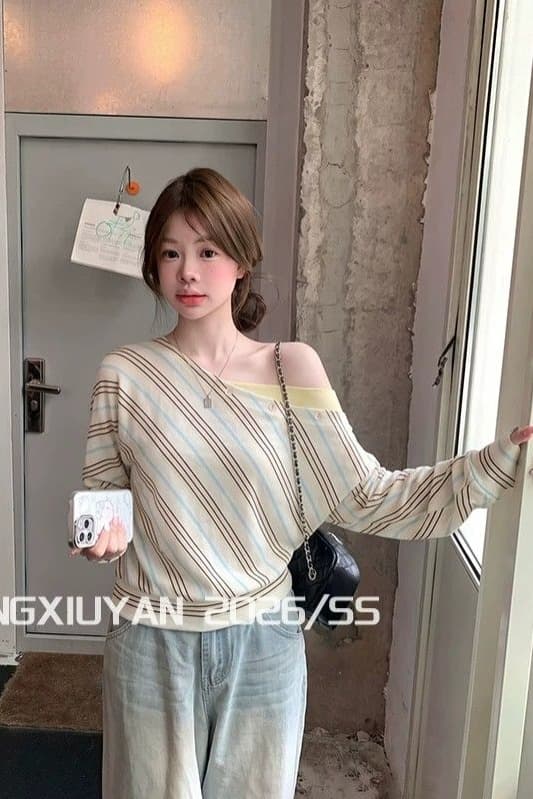 송 보여주기 妍 seniors 여름 소녀 스트라이프 비스듬한 어깨 긴팔 티셔츠 허리 수축 페이크 레이어드 오프숄더 쇼트 스타일 맨위 이미지 6